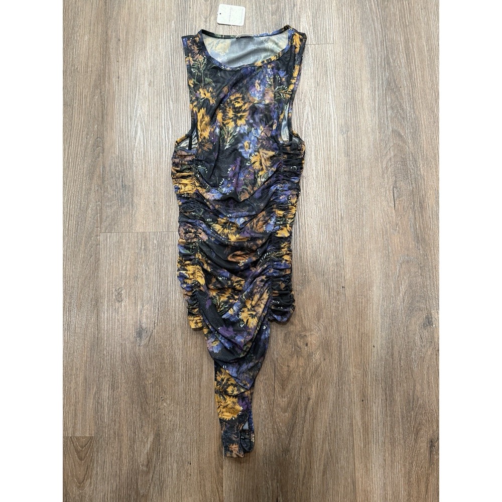 Free People Black Gold Flowered Sheer Stretch Sleeveless‎ Bodysuit Ladies S NWT